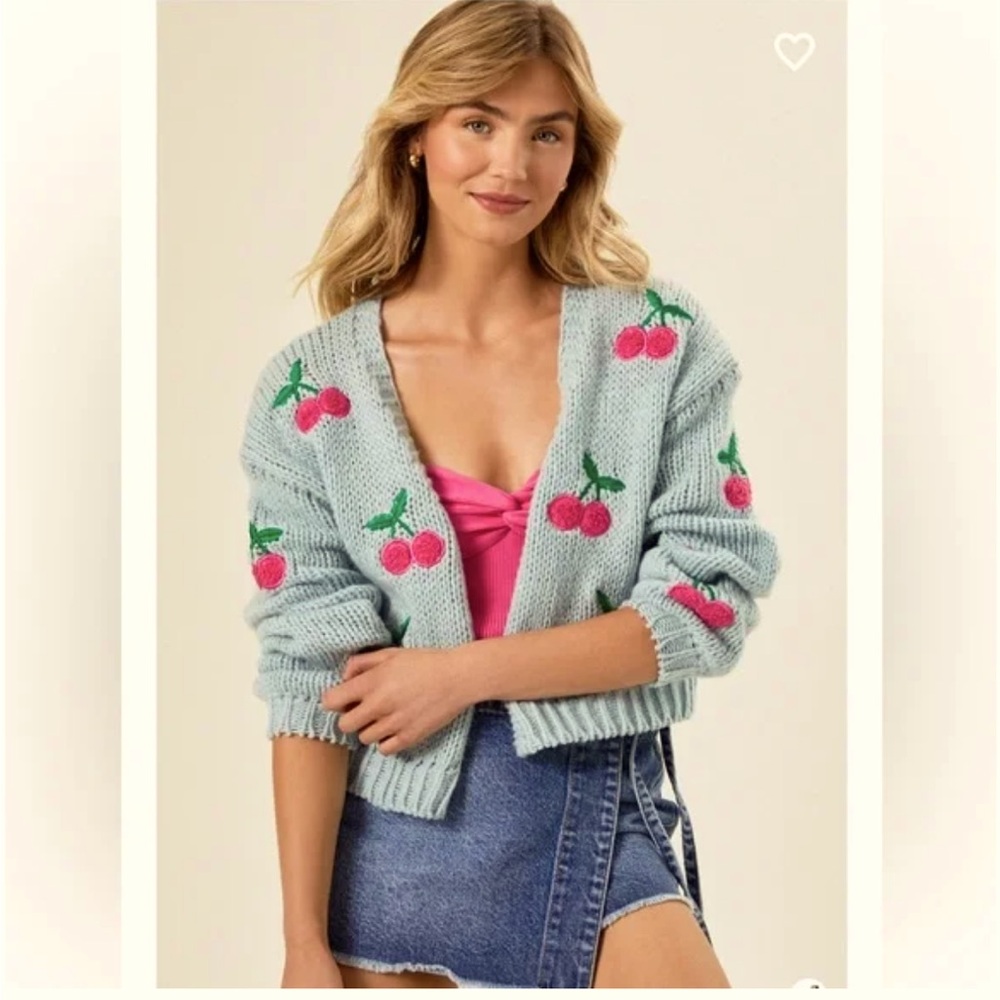 Luna Ivy Women's Pink Cardigan Sweater Cherry Emb… - image 1